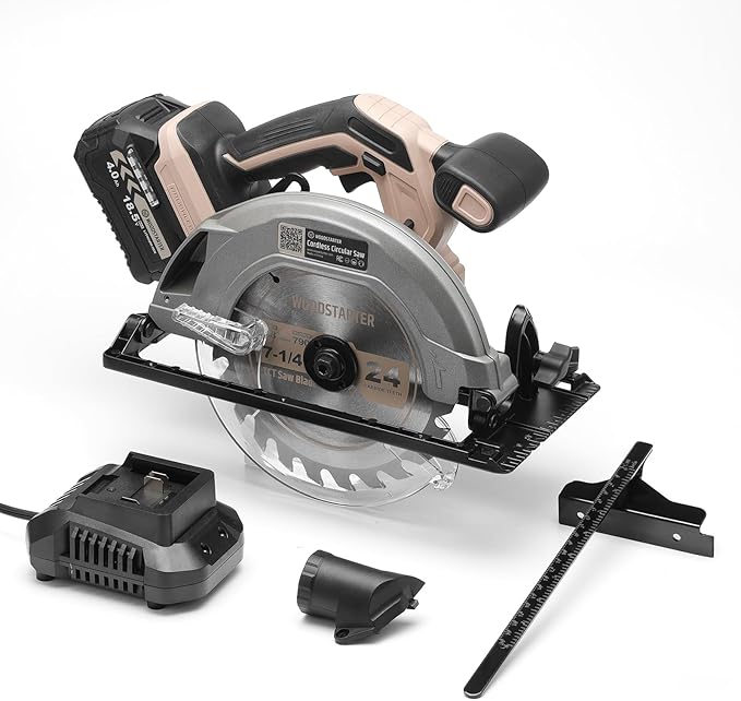 Cordless Circular Saw, 7-1/4" Electric Circular Saws with 5000RPM Brushless Motor, 45° Bevel Cutting, Max Depth 2-1/2", LED Light, Carpentry Tool for Precision Cutting (Battery & Charger)