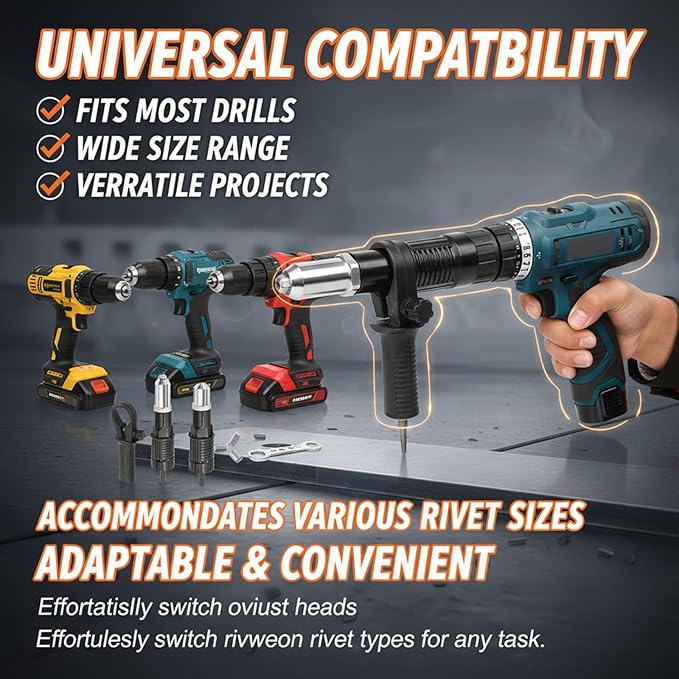Professional Electric Rivet Gun Adapter Kit, Pro-Grade Electric Rivet Gun Adapter with Removable Handle 4 Rivet Heads for Cordless Screwdrivers and Drills Turn Your Drill into a Riveting Beast (1PC)