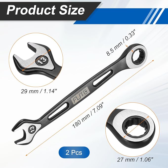HARFINGTON 2Pcs Ratcheting Combination Wrench 13mm Stubby Wrench Metric High Carbon Steel Double 12-Point Box Open-Ended Ratchet Spanner Tool for Household Garage Workshop Auto Repairs, Black