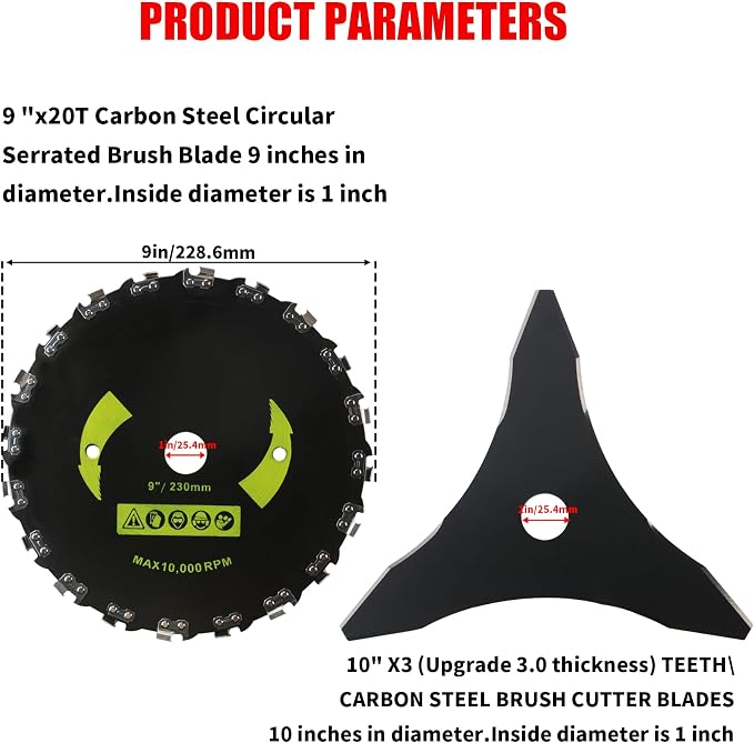 9" x 20 Teeth Brush Blades Carbon Steel Round Chainsaw 10" x 3T Cutter Weed Eater Blades- Universal Adapter Kit with 3 Round Files, Compatible with Brush Cutter Trimmer Weed Eater Husqvarna Stihl Ego