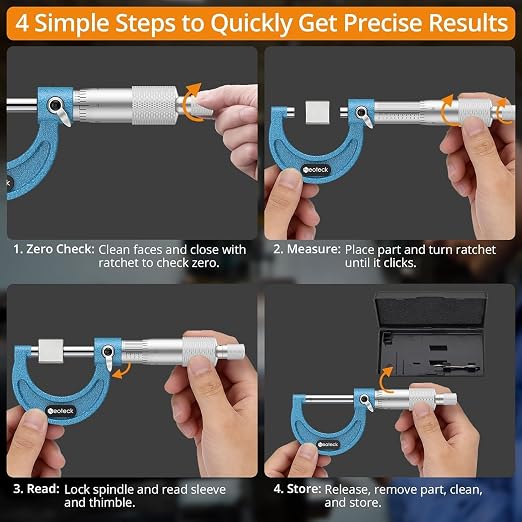 Neoteck 0-1" Outside Micrometer 0.0001" Resolution Carbide-Tipped Anvils Precision Mechanical Micrometer Anti-Glare Graduation Micrometer Set with Wrench and Case for Machining, Automotive, Inspection