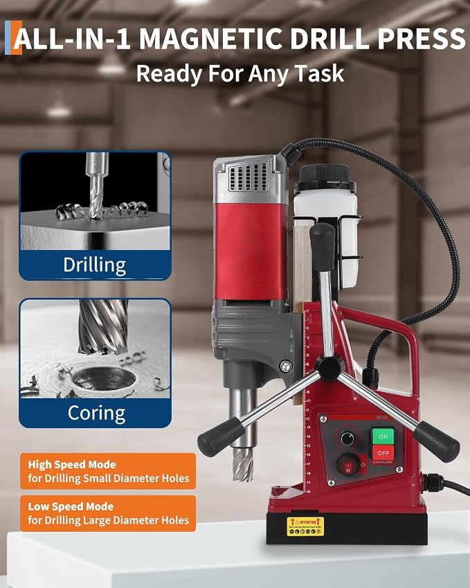 PrecisionAuto 1.57" Magnetic Drill Press – 1550W, 820RPM, 13000N Holding Force, Adjustable Speed & Adapter, Double Dovetail, 6 Coring Bits, Portable Mag Drill Machine for Steel & Metal (Chinese dubbed
