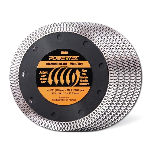 POWERTEC 4-1/2 Inch Diamond Saw Blades for Angle Grinder 5 Pack, Super Thin Turbo Mesh Rim for Cutting Porcelain, Granite & Ceramic Tile, 4.5" Diamond Blades (14000-P5)