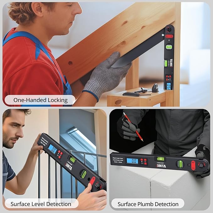 BINTA Digital Angle Finder 0-225° Range, Aluminum Backlit LCD Digital Protractor with Horizontal/Vertical Dual Bubble Meter Storage Bag for Woodworking, Construction, Machinery, Home DIY (Black)