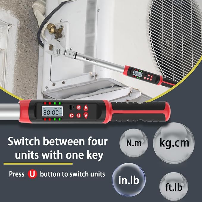 VANPO Digital HVAC Torque Wrench 5-99.6 ft.lb, 38mm Adjustable Jaw | 6.8-135 N.m, ±2% Accuracy, LED Buzzer Alert, 14x18mm Open End, Adjustable Digital Torque Wrench for Mini Split AC, Pipeline