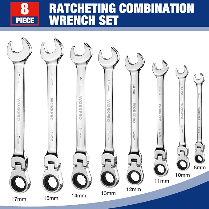 WORKPRO 8-piece Ratcheting Combination Wrench Set, Metric & Polished | Metric 8-17mm, 180° Flex-Head, 72-Tooth Ratchet, Cr-V Steel, Roll Up Pouch for Auto Repair & Home DIY