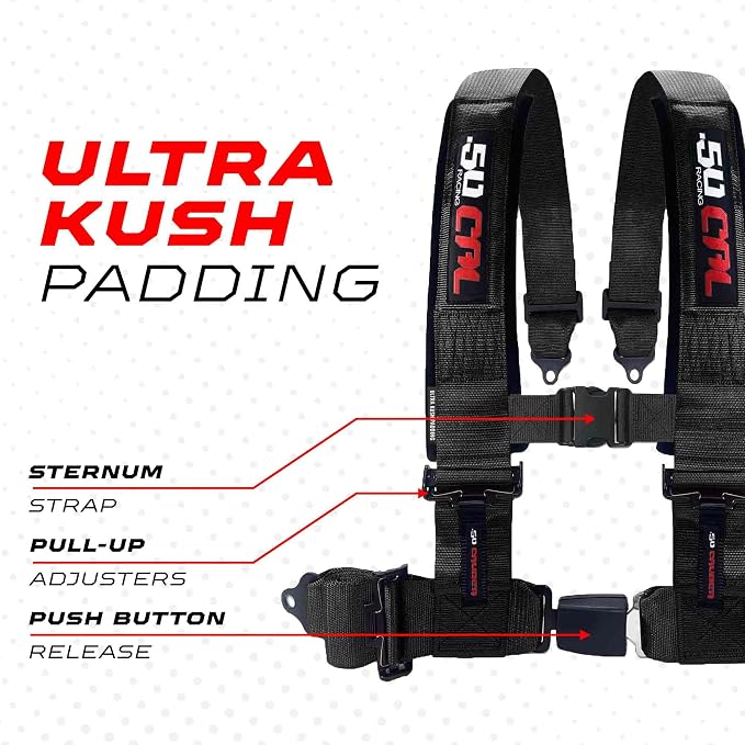 1pc 50 Cal Black 4 Point Harness 3in Straps, Racing Harness Seat Belt | Ultra Kush padding, Push Button quick release hardware. Universal Fit for UTV, RZR, race car.
