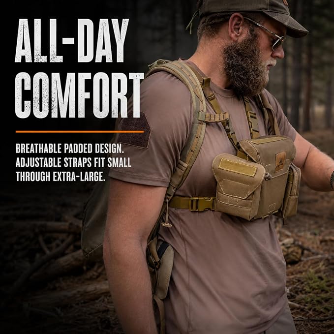 Binocular Harness Chest Pack - Bino Harness Hunting Chest Rig | Waterproof 500D Cordura case, silent magnetic closure, MOLLE rangefinder pouch, elk deer glassing