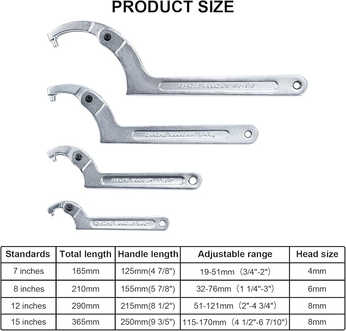 4 Pieces Adjustable Pin Spanner Wrench Tool Set | 3/4" to 6-7/10" C Pin Spanner Hook Wrench Tool for Pipes Heating, Vehicles, Mechanical Equipments (Round Head)