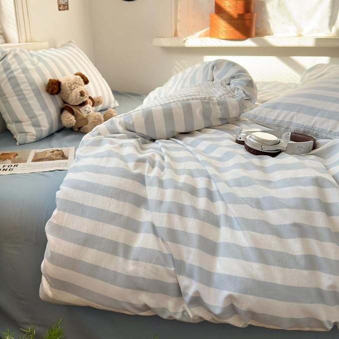 Sedefen Striped Duvet Cover Queen Size, 3 Pieces Grey White Stripe Bedding Set Kids Boys Girls, Retro Geometry Stripes Patterned Soft Microfiber Duvet Cover Set