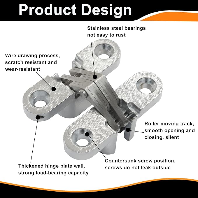 Murtenze 4 Pack Hidden Hinges, 1.77" Stainless Steel Cross Invisible Swing Hinges, 180 Degree Concealed Cross Hinge for Kitchen Cabinet Door
