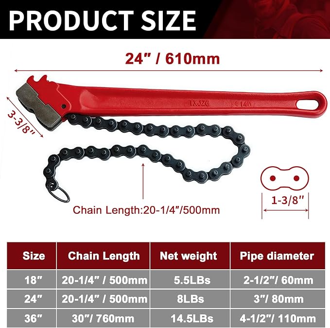 Chain Pipe Wrench 24" for 3" ~ 5" pipe diameter, chain length 20.3". Heavy-duty chain pipeline tool for pipeline installation, oilfield pipeline operations and maintenance