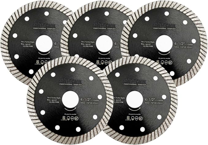 SHDIATOOL Super Thin Diamond Turbo Saw Blade 5PCS 4-1/2-Inch Cutting Disc for Porcelain Ceramic Tile Granite Dia 115mm