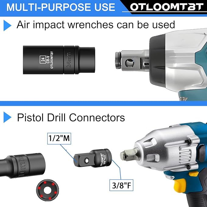 OTLOOMTBT 32PCS 1/2" Drive Impact Socket Set - Heavy Duty Industrial-Grade Deep Sockets, Metric/SAE Full Set with Extension Bar, Cr-V Steel Corrosion-Resistant Coating & Premium Storage Case