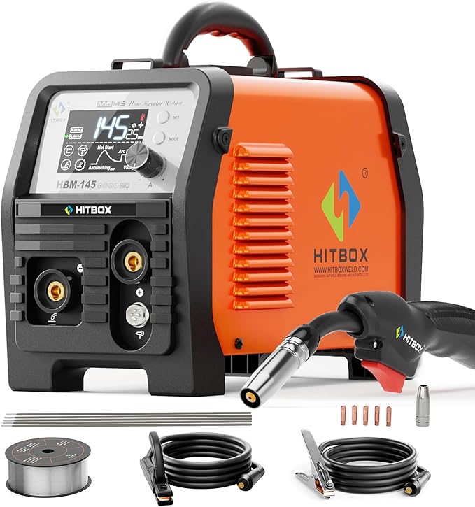 HITBOX Synergy MIG Welder 110V/220V 145A Flux Core Welder 4 IN 1 Gasless MIG/Lift TIG/Stick/Support Spool Gun Portable Welding Machine with Large Colorful Digital Display