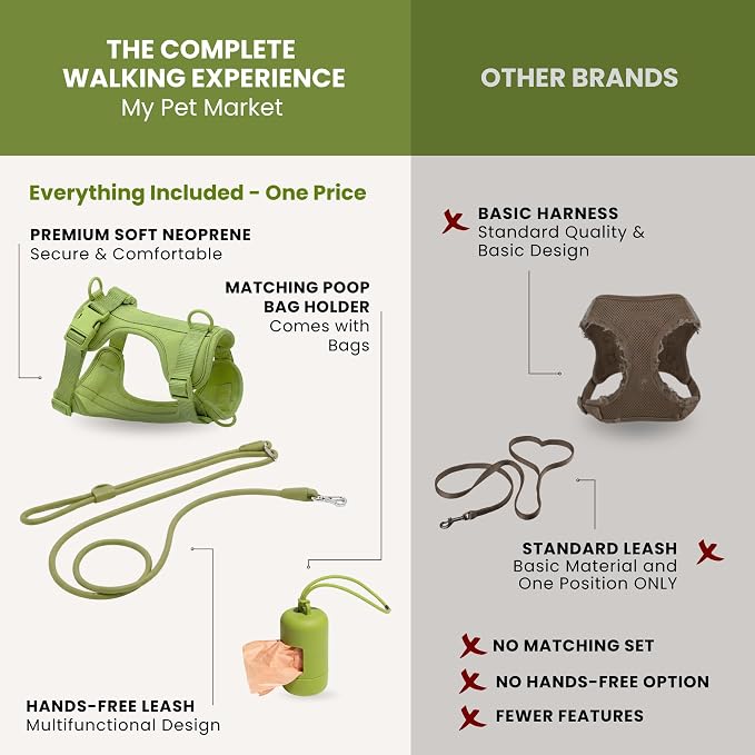 No Pull Dog Harness and Leash Set 3-in-1 Adjustable Anti Pull Dog Harness with Hands-Free Matching Leash,Poop Bag Holder,Easy Walk Dog Harness Medium Sized Dog(Olive Green)