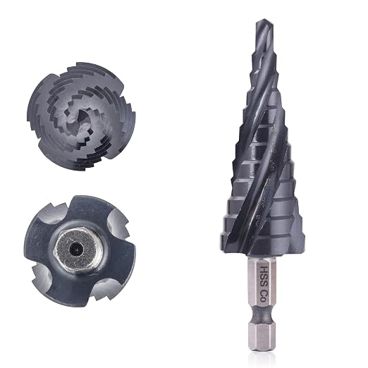 M35 Four Spiral Flute Cobalt Step Drill Bit, 3/16"-7/8" Wear-Resistant TiAlN Coated Four-Flute Step Bit, 1/4" Hex Shank Unibit Step Bit for Metal, Stainless Steel, Aluminum, Wood, Plastic