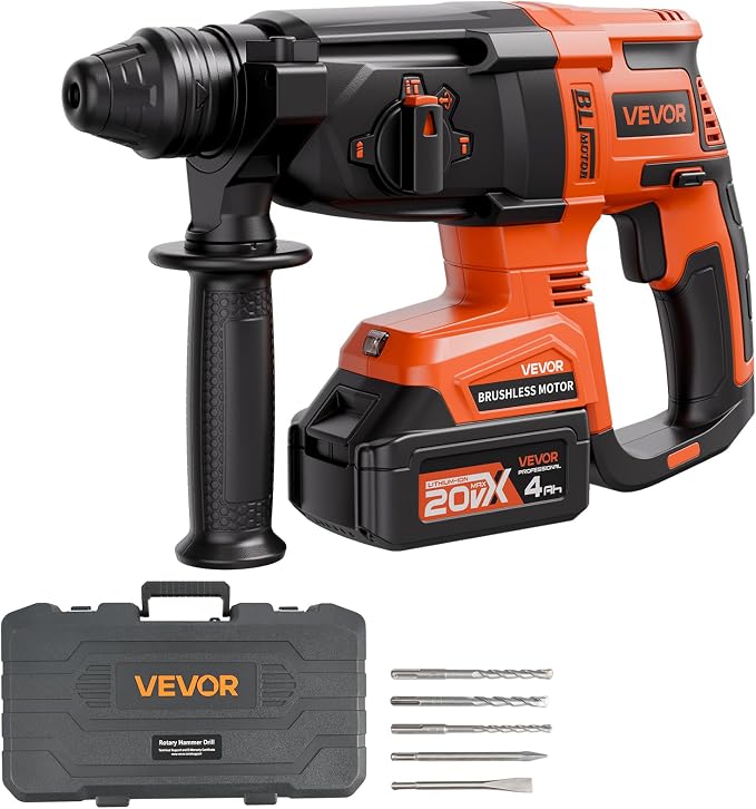 VEVOR 1" SDS-Plus Rotary Hammer Drill, 20V Brushless Cordless SDS Hammer Drills, 4.0Ah Lithium-Ion Battery Powered,3.0A Fast Charger, 4 Modes,Rotomartillo for Concrete,1200 RPM, 5300 BPM