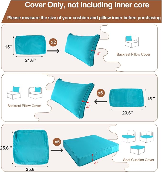 14 Piece Outdoor Patio Cushion Covers Replacement, Waterproof Outdoor Furniture Cushion Covers, Fit 7 Pcs 6 Seater Wicker Rattan Patio Conversation Sofa Set,Lake Blue,25.6x25.6