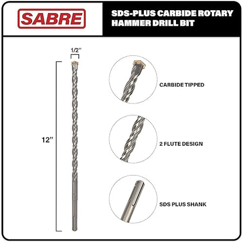 1/2 Inch x 12 Inch SDS Plus Rotary Hammer Drill Bit, Carbide Tipped for Brick, Stone, and Concrete Version 2 (1/2" x 10" x 12")