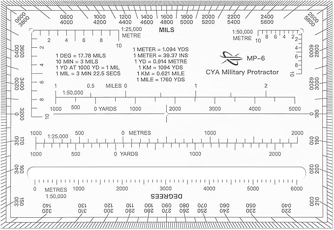 CYA Square Military Map Coordinate Scale Protractor Map for Land Navigation, Military Style UTM/MGRS Coordinate Scale
