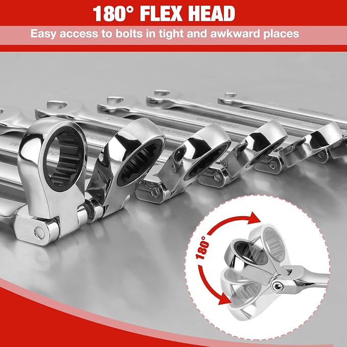 WORKPRO 8-piece Ratcheting Combination Wrench Set, SAE & Polished | SAE 5/16-3/4", 180° Flex-Head, 72-Tooth Ratchet, Cr-V Steel, Roll Up Pouch for Auto Repair & Home DIY