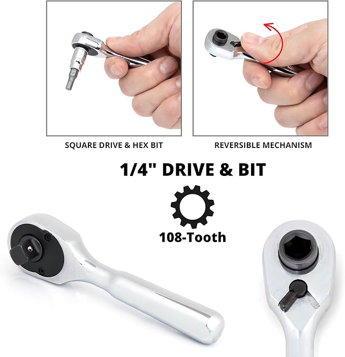Neiko 03002A Stubby Ratchet, 1/4 Inch Ratchet Wrench and Bit Driver, 108-Tooth Reversible Ratchet, 3.3 Degree, Mini 1/4 Ratchet Drive, Oval Head Wrench, CR-V Steel Quarter Inch Small Ratchet Wrench