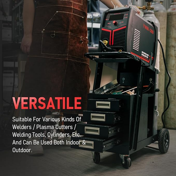 YESWELDER 2-Tier Welding Cart with 4 Drawers, Heavy Duty Large Storage Welding Trolley with 360° Rolling & Safety Chains for MIG TIG Welder and Plasma Cutter