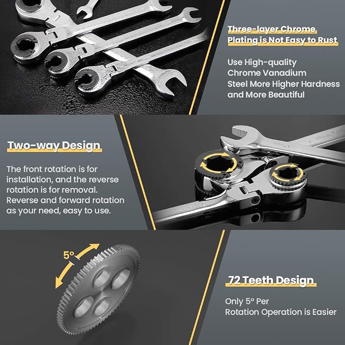 12PCS Metric Flex-Head Ratcheting Wrench Set8-19mm Combination 72 Teeth | 180° Open Flex-Head,Tubing Ratchet Design,Chrome Vanadium Steel,Durable Combination Spanner Set for Automotive Use