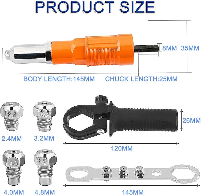 JONMON Electric Rivet Gun Adapter - Cordless Drill Metal Riveter-Blind Riveting Rivet Insert Nut Attachment Power Tool Kit with 3 Rivet Convertible Heads and Handle Wrench