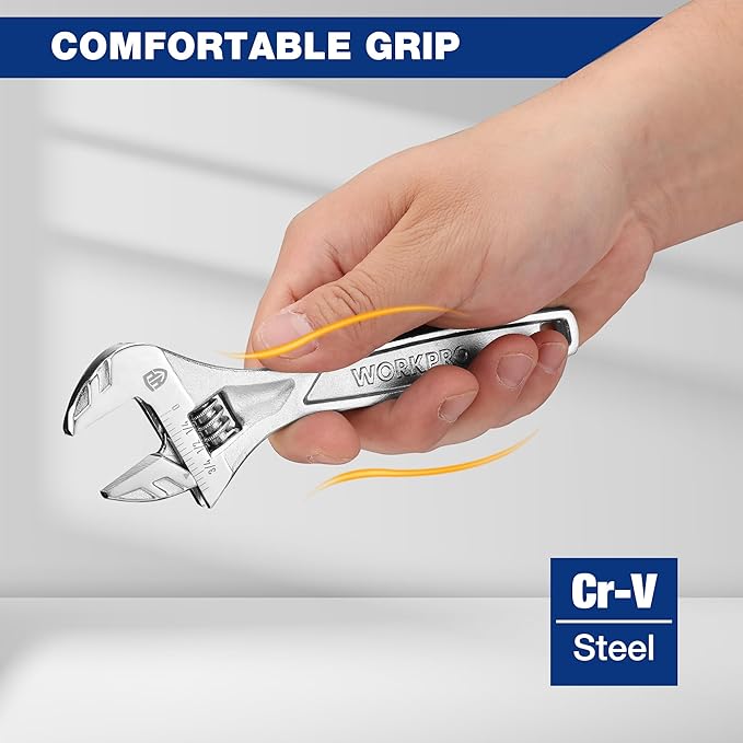WORKPRO Adjustable Wrench, 6-inch Heavy Duty Spanner with Inch/Metric Scale, Premium Cr-V Steel, Chrome Plated