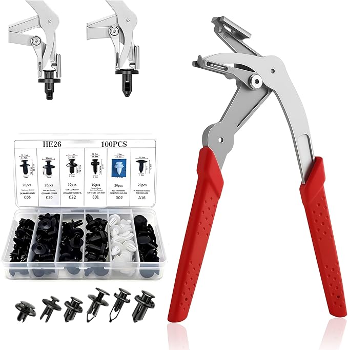 Car Clip Pliers, Auto Fastener Clip Removal Pliers, Panel Clip Removal Tool with100Pcs Car Push Retainer Clips for Removing Automotive Plastic Clips,Trim Bumpers,Door Panels,Rivets & Interior Panels
