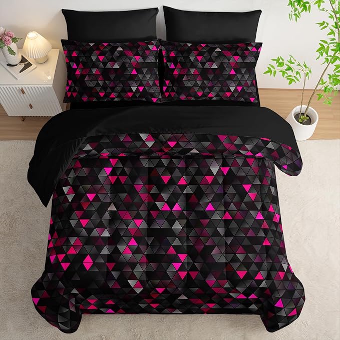 Nttopship Geometric Pink Black Triangle Twin Size Comforter Set,Light Honeycomb Bedding Set 7 Piece in A Bag,Bed Sheet Set Geometry Decor,Microfiber Lightweight All Season