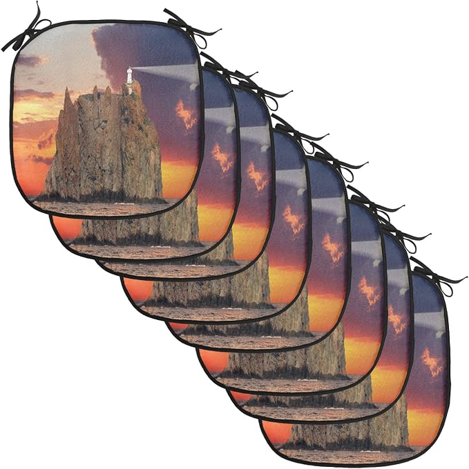 Lunarable Lighthouse Chair Cushion Pads Set of 8, Stromboli Lighthouse Italy Mediterranean Colorful Cloudy Sky Cloudscape, Anti-Slip Seat Padding for Kitchen & Patio, 16"x16", Brown Orange Blue