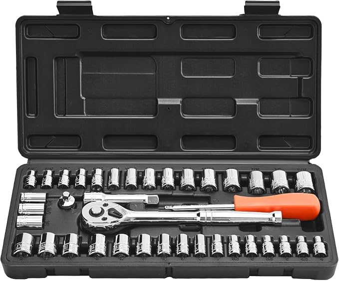 VEVOR Socket Set, 39 Pieces, 3/8 & 1/4 inch Drive Socket and Ratchet Set, SAE and Metric Size, Mechanic Tool Kit with Ratchet Wrench, Accessories, Storage Case, CR-V Alloy Steel, for Automotive Repair | CR-V Mechanic Tool Set with Ratchet Wrench, Acces...