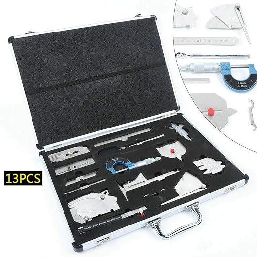 13 Pcs Welding Gauge Tool Kit Gage Weld Inspection Gauge with Easy Carry Suitcase, Stainless Steel Gage Weld Measuring Tools Box with 0-150mm Ruler, Fillet Welding Gauge, Micrometer, Inspection Mirror