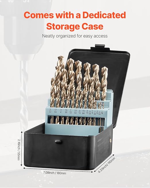 VEVOR Cobalt Drill Bit Set, 29Pcs (1/16" - 1/2") M35 High Speed Steel Cobalt Bits with Storage Case, 135 Degree Tip Twist Jobber Drill Bit for Metal, Stainless Steel, Aluminum Alloy, Wood, Plastic