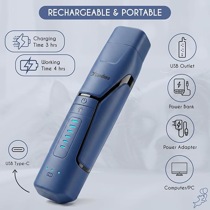 Candure Dog Nail Grinder Upto 6-Speed Dog Nail Trimmer for Large, Medium, Small Dogs, Cats & Pets - Low Noise Rechargeable Dog Claw Grinder with 360° LED Lights & Extra Grinder Head (Dark Blue)