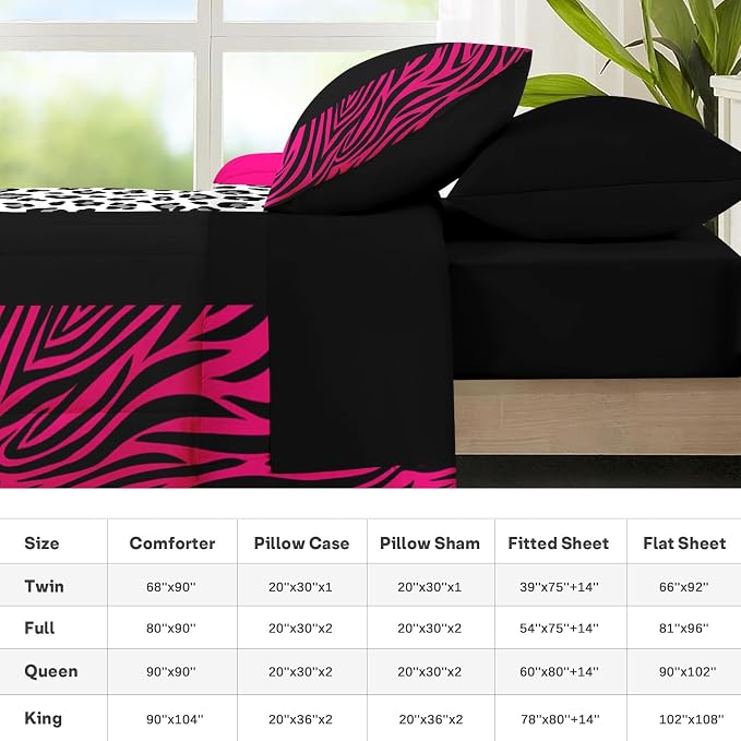 Nesker Comforter Set King Size, Leopard Color Block Pink 7 Pcs Bedding for Kids and Adults, Wild Zebra Print Bed Sheet Sets with Fitted Sheet 2 Pillowcases & 2 Shams