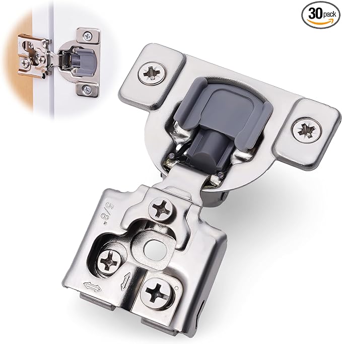 Decobasics 30 Pack Soft Close Cabinet Hinges – 5/8" Overlay for Kitchen Cabinet Doors, Face Frame Concealed Hidden Hinges – Stainless Steel, Self-Closing with 3-Way Adjustment & Slow Close Damper