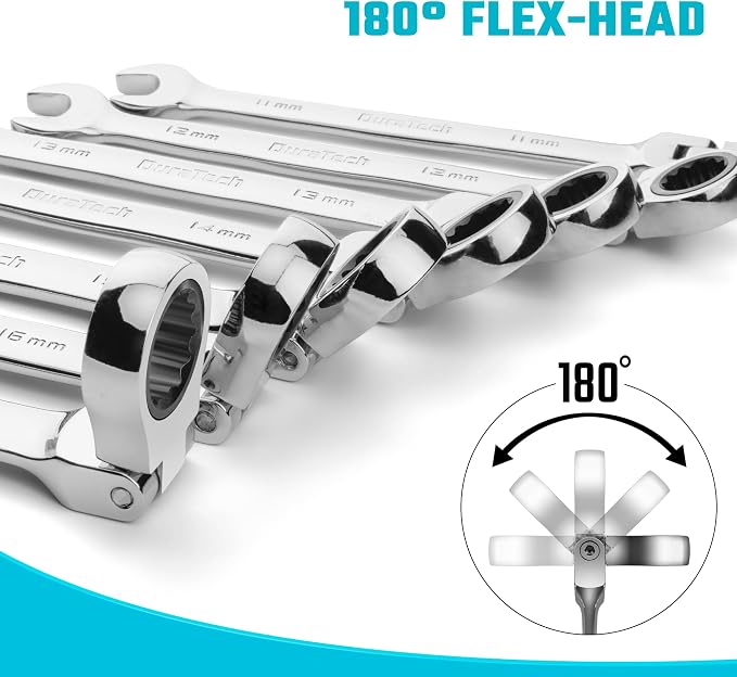 DURATECH 9-Piece Flex-Head Ratcheting Wrench Set, Metric | Combination Wrench, 72 Tooth, 8mm, 10mm, 11mm, 12mm, 13mm, 14mm, 15mm, 16mm, 17mm, CR-V Steel, with Rolling Pouch