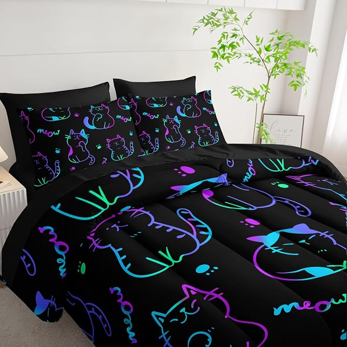 Cute Cat Kids Comforter Set King Size,7Pcs Black Neon Lights Animals Printed Bedding Sets for Kids Boys Girls Room Decor,Modern Aesthetic Sheets Twin Size Bed Set.