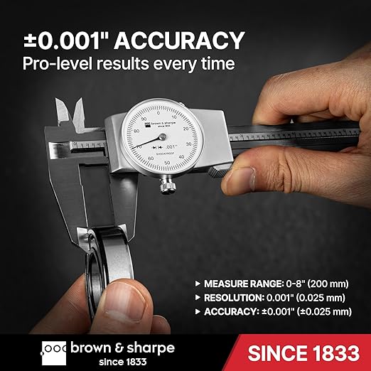 Brown & Sharpe 8-Inch Dial Caliper – Precision Stainless Steel Measuring Tool, White Dial, 0.001" Resolution, Hardened Construction, Shockproof Movement.