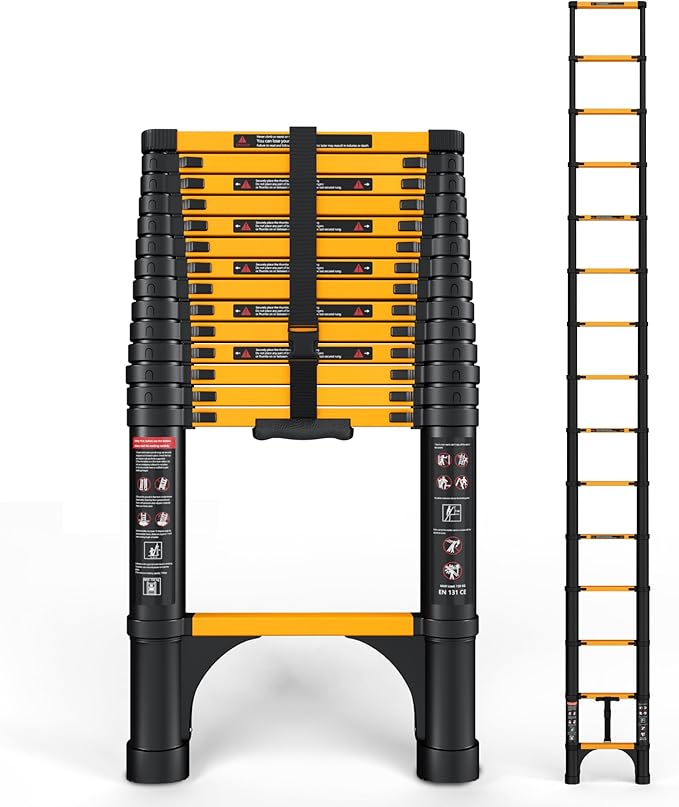 SINMEIRUN Telescoping Ladder, 14.5 FT, Aluminum Extension Ladder, 330 lbs Capacity, Collapsible Multi-Purpose Ladder for Home, Roof and RV; Yellow