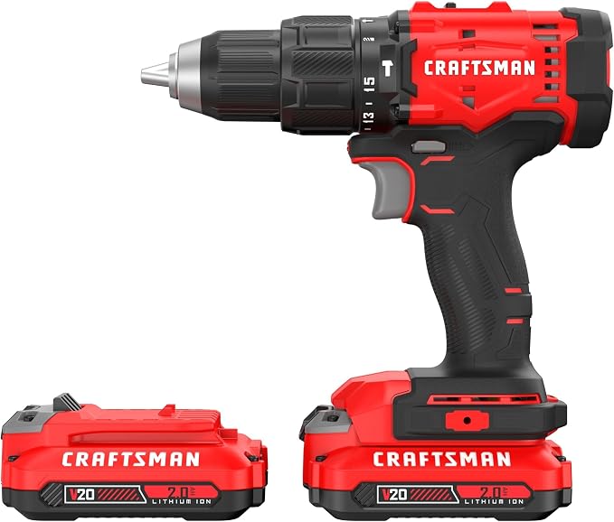 CRAFTSMAN 20V MAX 1/2 Cordless Hammer Drill, Includes 2 Batteries (2 Ah), Charger and Double Ended Bit, Longer Runtime Power Hammer Drill with LED Light (CMCD712D2)