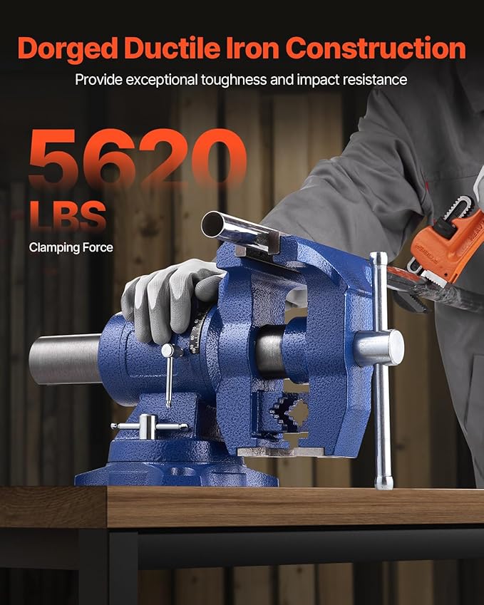 VEVOR Heavy Duty Bench Vise, 6-1/2" Jaw Width, 5" Max Jaw Opening Multi-Purpose Ductile Iron Bench Vise with Anvil, 360° Swivel Base Head, 3" Throat, 5620 lbs Clamp Force, for Pipe Repairing