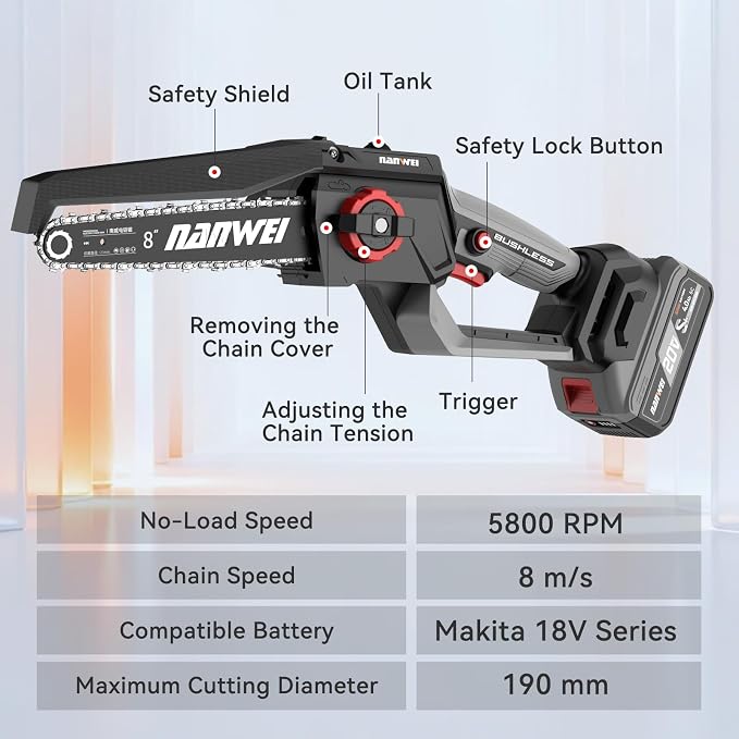 NANWEI 8 Inch Cordless Chainsaw for Tree Trimming & Wood Cutting, Lightweight Handheld Mini Chain Saw with 2 x 4.0Ah Batteries, Brushless Motor for Long Runtime & Low Noise