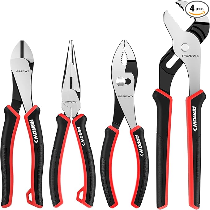 ARROW 4-Piece Pliers Set, CR-V Steel | 8 Inch Diagonal, Long Nose, Slip Joint, 10 Inch Groove Joint Pliers, Ergonomic Anti-slip Handle, for Basic Repair