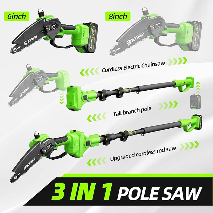 3-in-1 Electric Pole Saws for Tree Trimming, 8 Inch & 6 Inch Mini Chainsaw Cordless with 2x4.0 Ah Battery, Battery Powered Pole Chain Saw, 16 Ft Reach, Telescopic Chainsaw Tree Trimmer Branch Cutter