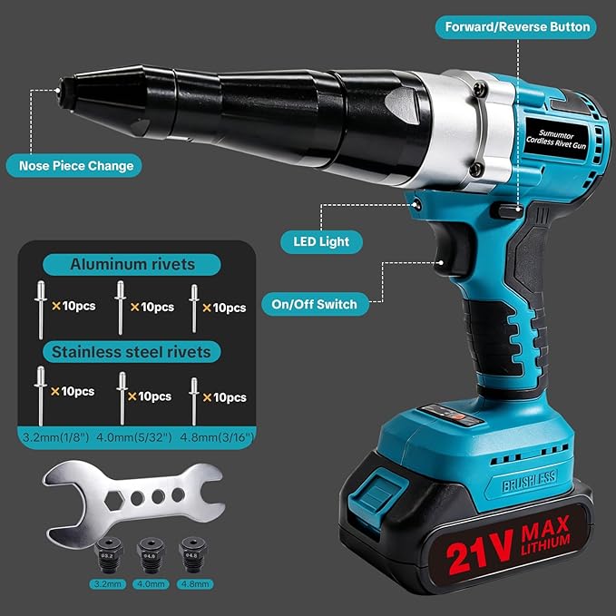 Cordless Electric Rivet Gun Tool, 21V Brushless Power Rivet Gun Kit with 2×2.0Ah Batteries & Charger, Automatic Pop Rivet Gun for 1/8", 5/32", 3/16" Rivets, Ideal for Auto Repair, Construction & DIY